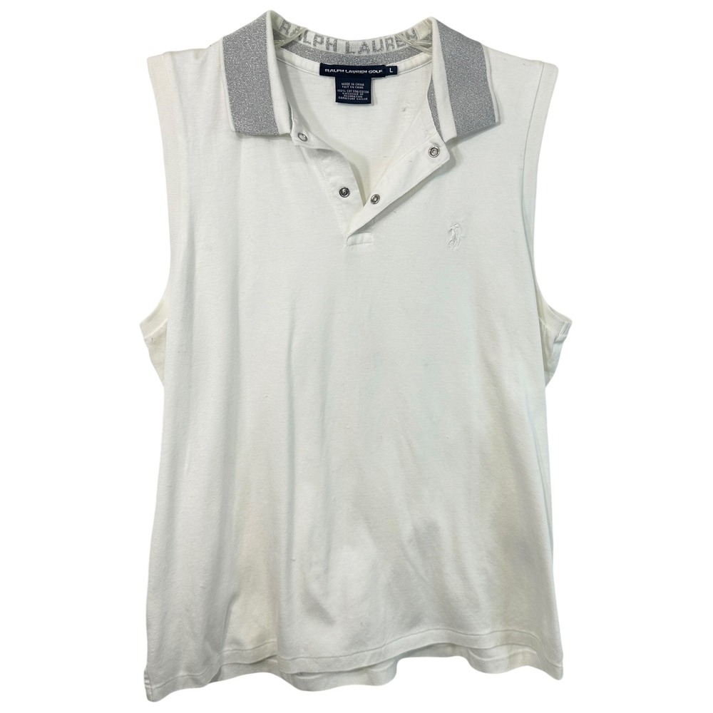 Ralph Lauren Golf Large Tank Top VTG Y2K Polo White Silver Metallic Collar 995